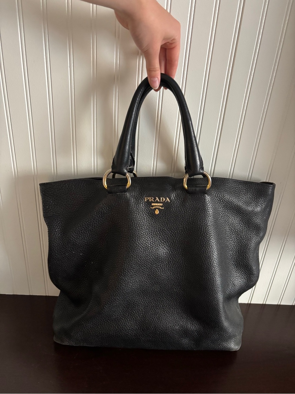 Authentic Prada Vitello Daino Black Leather Tote with Gold Logo Hardware